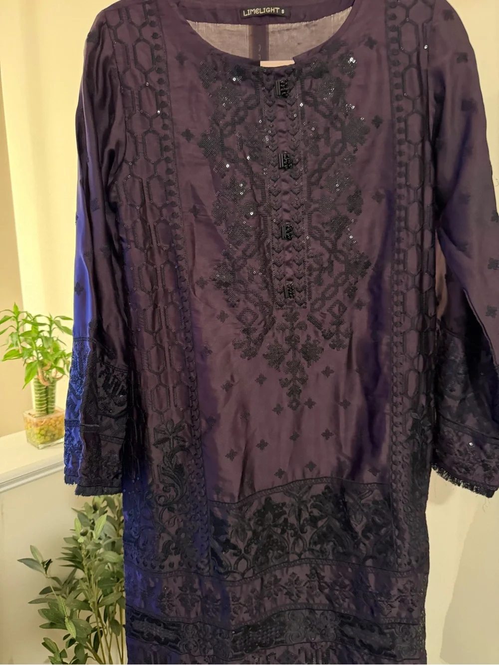Limelight Dark Purple Embroidered Long Sleeve silk Tunic